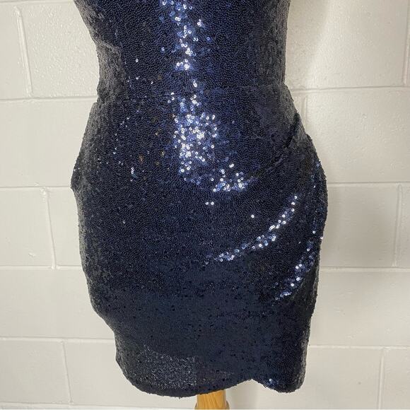 Navy Sequins Deep V Neck Open Back Formal Mini Dress P - Picture 5 of 13